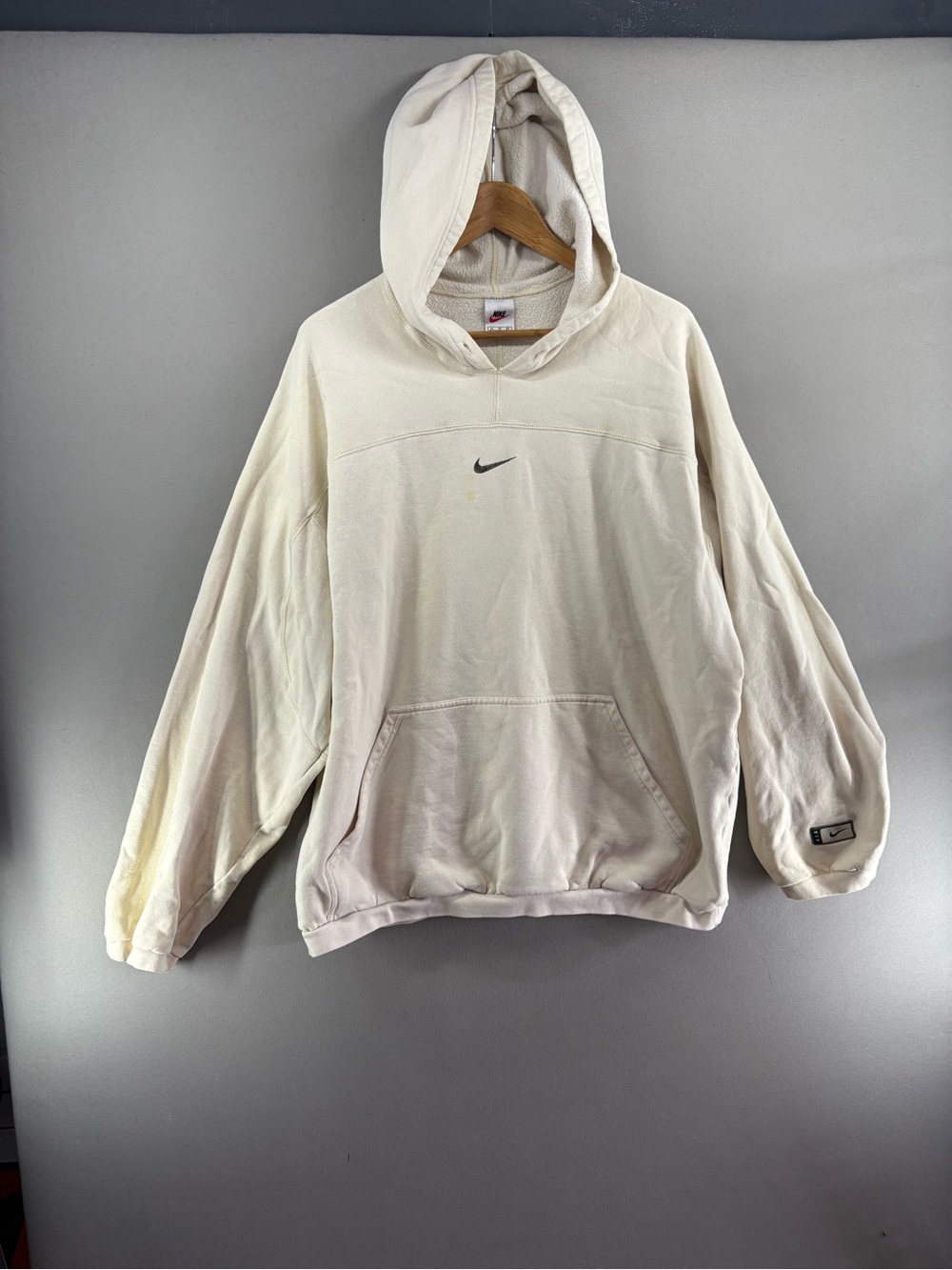 VINTAGE 90s Nike Air Hoodie Adult XL Big Center Swoosh Check Beige Hooded